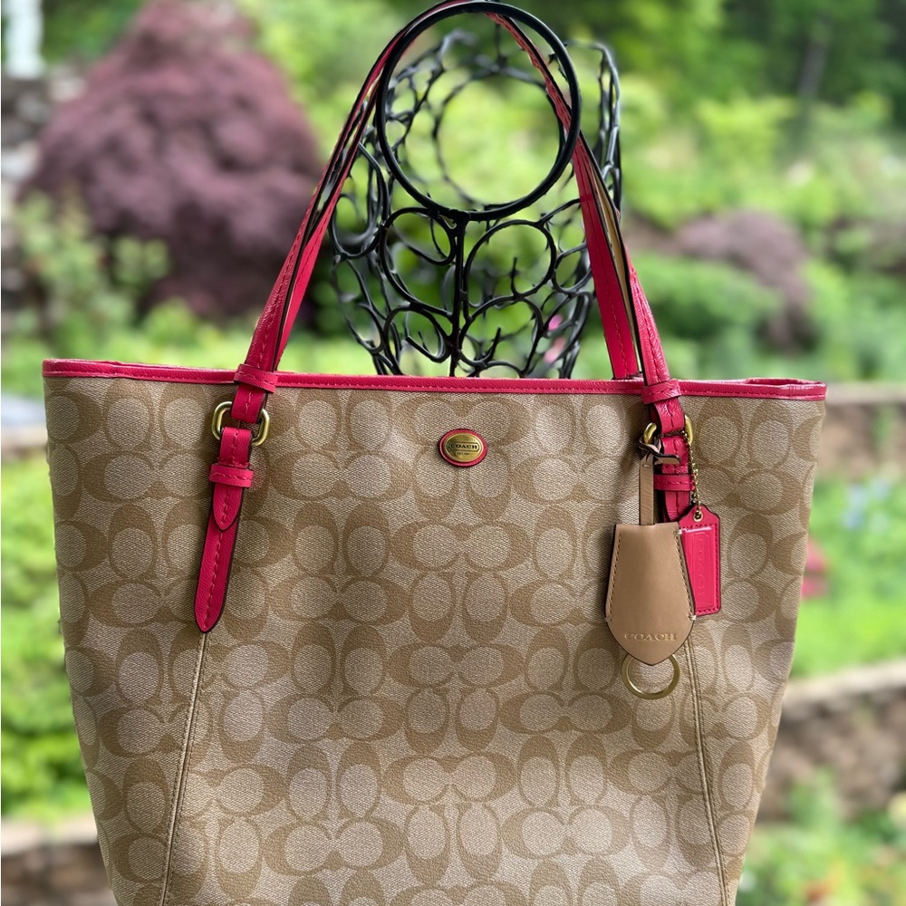 Coach Tan and Pink Signature‎ Tote Bag